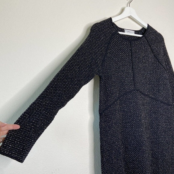 Zara Black Metallic Silver Knit Tweed Long Sleeved Dress Sz S - Picture 4 of 10